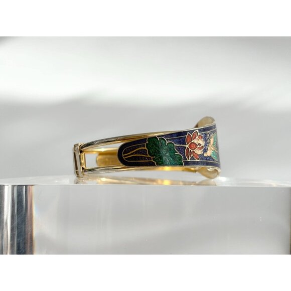 Cloisonne Enamel Floral Gold Toned Chunky Vintage Hinged Bracelet | Bangle - Picture 4 of 16